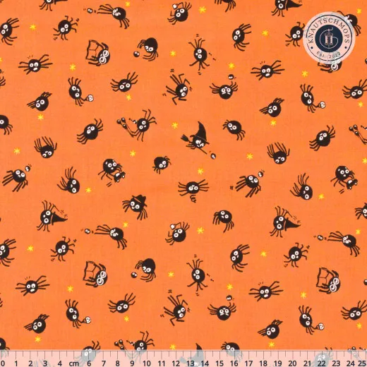 Musterdruck Uebersicht Stoffdruck mit lustigen schwarzen Halloween-Spinnen und gelben Sternen auf orangefarbenem Grund, Gesamtansicht mit Logo-Wasserzeichen