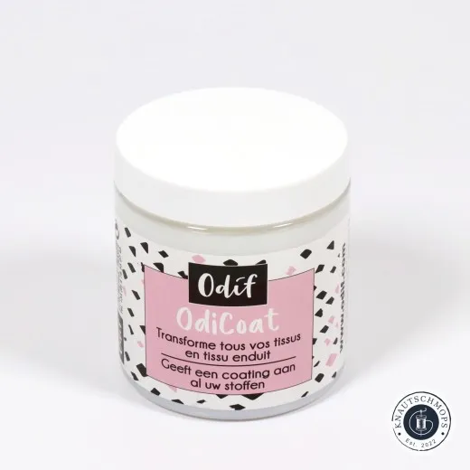 Odif OdiCoat 250 ml – Beschichtung für Stoffe Odif OdiCoat Dose mit 250 ml Stoffbeschichtung, weißer Deckel und rosa Etikett
