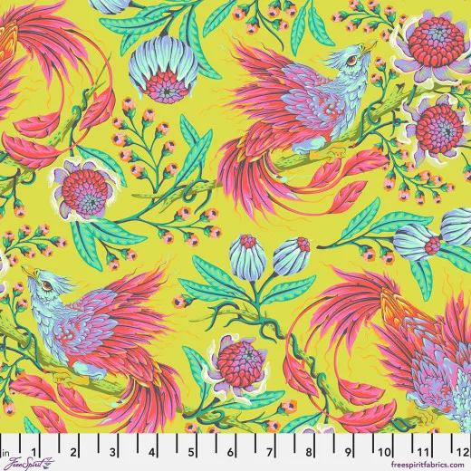 Farbenfrohe Phoenix-Vögel zwischen Protea-Blüten und Ranken auf giftgrünem Fond.