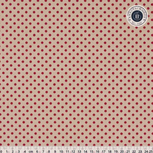 Tilda Creating Memories Woven Polkadot in Rot: Nahaufnahme der roten Punkte auf beigem Fond mit Zentimeter-Maßstab (25cm)