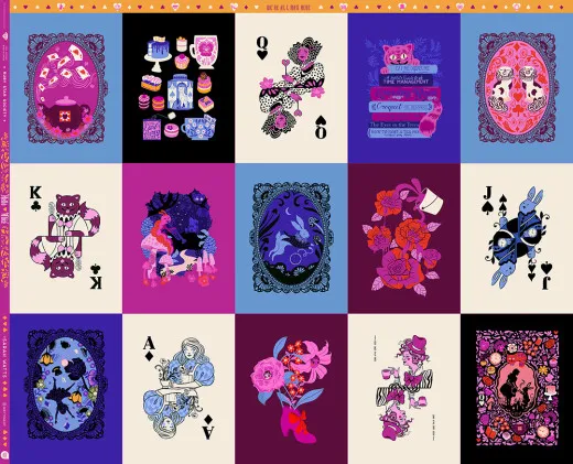 Ruby Star Society Hello Alice Panel Wonderland Bedrucktes Panel mit fünfzehn Illustrationen im Alice-im-Wunderland-Stil: Spielkarten-Motive, Cheshire-Katze, Raupe und weitere Fantasiefiguren in Pink, Blau und Violett.