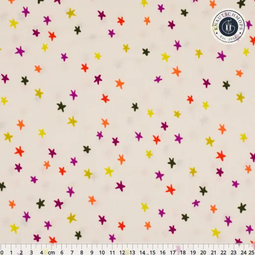 Baumwollstoff Ruby Star Society Starry Spooky Natural mit bunten Sternen in Lila, Orange, Gelb und Oliv auf Creme