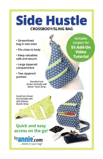 Schnittmuster-Cover Vorderseite der Schnittmusteranleitung mit Abbildungen der fertigen Crossbody-Tasche in zwei Größen und Trageoptionen.