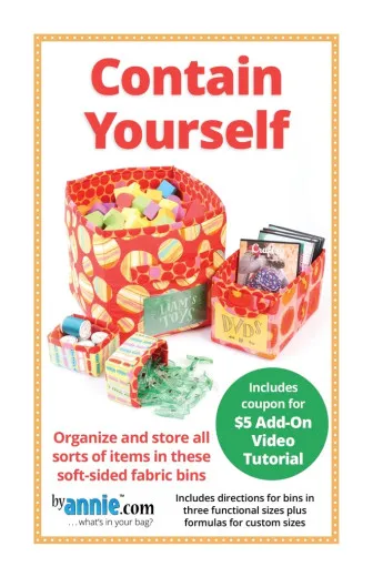 Schnittmuster-Cover Contain Yourself Packungsfoto des ByAnnie's Schnittmusters Contain Yourself: Stoffkörbe in mehreren Größen, gefüllt mit Spielzeug und DVDs.