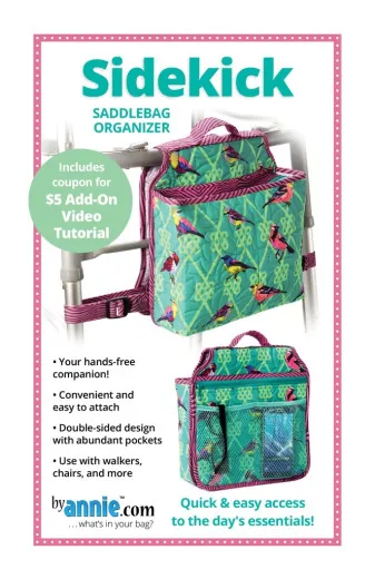 Packungsfoto des ByAnnie's Schnittmusters Sidekick: Satteltasche in Vogel-Print, am Rollator befestigt und als Einzelansicht.
