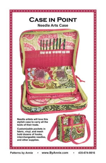 Titelseite des Schnittmusters "Case in Point" mit geöffneter Nadel-Tasche voller Strick- und Häkelnadeln sowie der zugehörigen Umhängetasche.