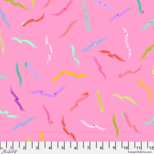 Schriftband-Muster Wildorchid Bunte, geschwungene Schriftbänder mit handgeschriebenen Worten auf pinkfarbenem Fond.