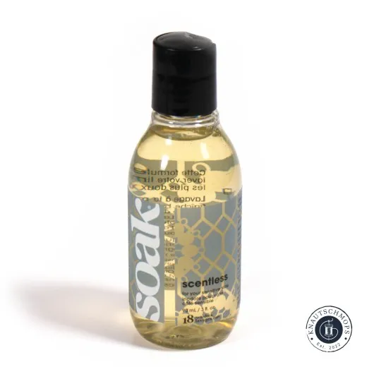 Soak-Flasche "Scentless" (90 ml) leicht angewinkelt fotografiert, Frontetikett gut lesbar.