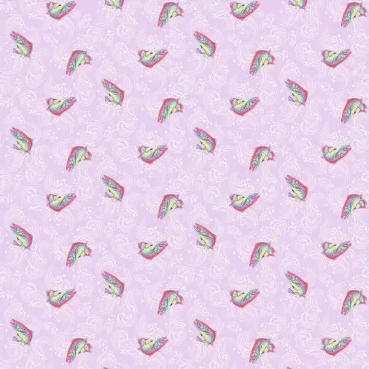 Musterübersicht des Fisch-Designs Sofishticated in Blossom mit bunten Fischsilhouetten auf wellenförmigem Fliederhintergrund.