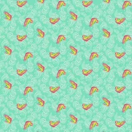 Sofishticated Enchanted – Musterübersicht Musterübersicht des Fisch-Designs Sofishticated in Enchanted mit bunten Fischsilhouetten auf wellenförmigem Mint-Hintergrund.