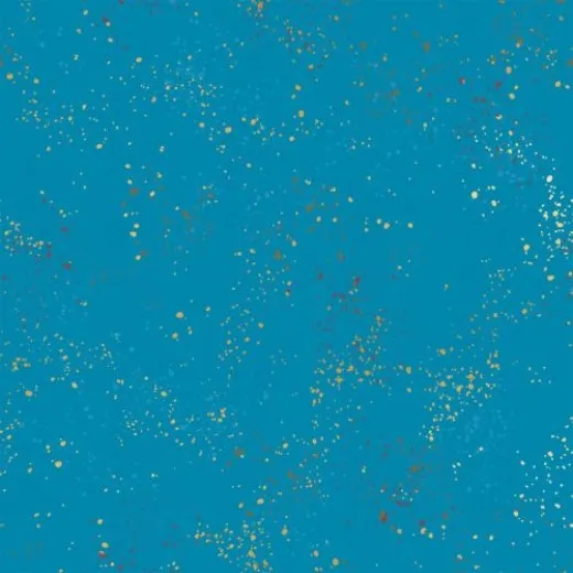 Nahaufnahme des azurblauen Speckled-Musters in Bright Blue mit goldenen und weinroten Farbtupfern.
