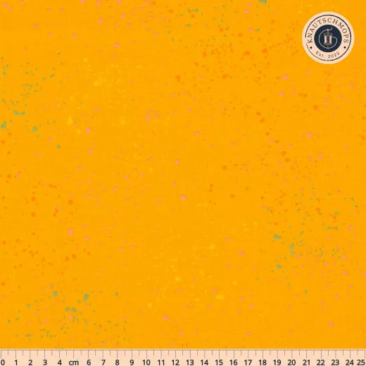 Canvas Speckled Goldenrod von Ruby Star Society, senfgelber Stoff mit rosa, orangen und türkisen Farbspritzern, mit Maßband