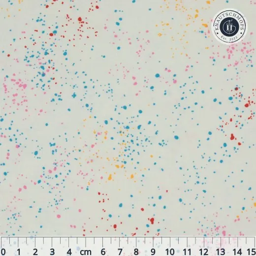 Speckled Confetti – Musteransicht Ruby Star Society Speckled Stoffmuster in Confetti: mintfarbener Fond mit bunten Farbtupfern in Blau, Rot, Pink und Gelb, flach ausgebreitet mit Zentimeter-Maßband.