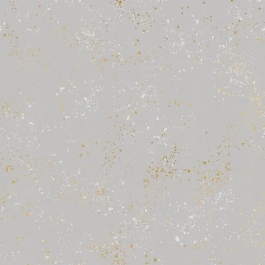 Nahaufnahme des hellgrauen Speckled-Musters in Dove mit weißen und goldenen Farbtupfern.