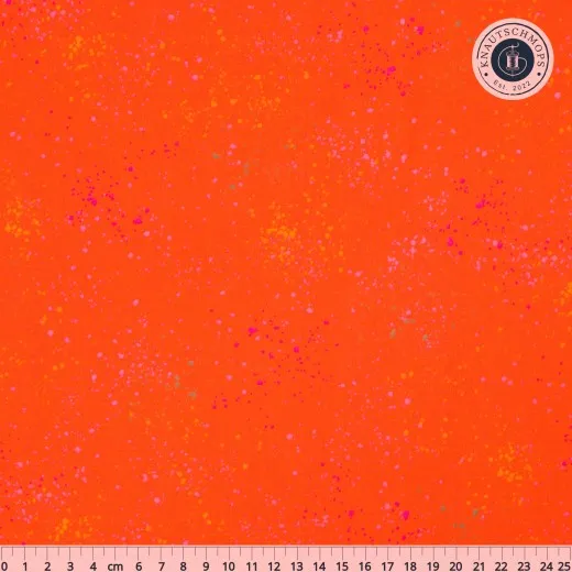Speckled Goldfish – Musteransicht Ruby Star Society Speckled Stoffmuster in Goldfish: leuchtend oranger Fond mit bunten Farbtupfern in Pink, Gelb und Mint, flach ausgebreitet mit Zentimeter-Maßband.