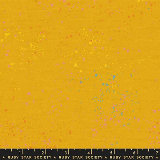 Musterausschnitt der Canvas-Struktur mit bunten Metallic-Farbspritzern auf goldgelbem Fond.