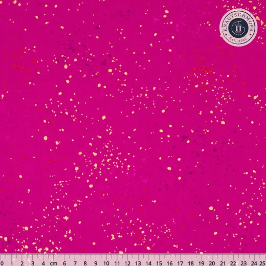 Musterausschnitt der Canvas-Struktur mit goldenen Metallic-Farbspritzern auf pinkfarbenem Fond.