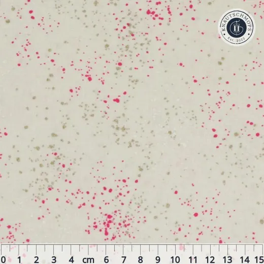 Speckled Neon Pink – Musternahaufnahme Nahaufnahme des Ruby Star Society Speckled Stoffs in Neon Pink: cremefarbener Fond mit neonpinken und goldenen Farbsprenkeln, Maßband zeigt die Musterdichte.