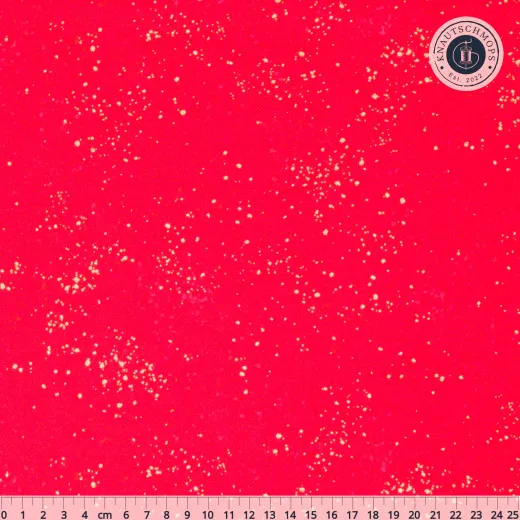 Speckled Scarlet – Musterdetail Nahaufnahme des leuchtend roten Speckled-Musters in Scarlet mit goldenen Farbtupfern, Zentimetermaß und Knautschmops-Logo.