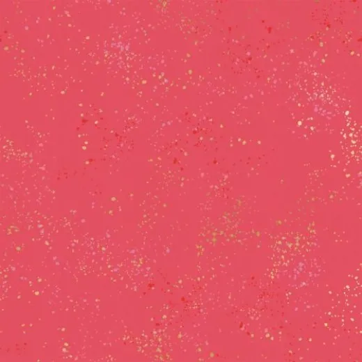 Nahaufnahme des korallenfarbenen Speckled-Musters in Strawberry mit weißen und goldenen Farbtupfern.