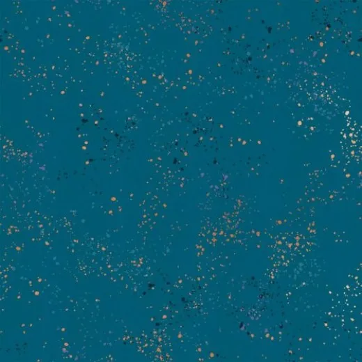 Nahaufnahme des petrolfarbenen Speckled-Musters in Teal mit schwarzen und kupferfarbenen Farbtupfern.