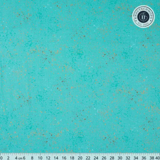 Speckled Turquoise Baumwollstoff mit Maßstab Baumwollstoff Speckled Turquoise von Ruby Star Society in Türkis mit kupferfarbenen Sprenkeln, mit Zentimeter-Maßband