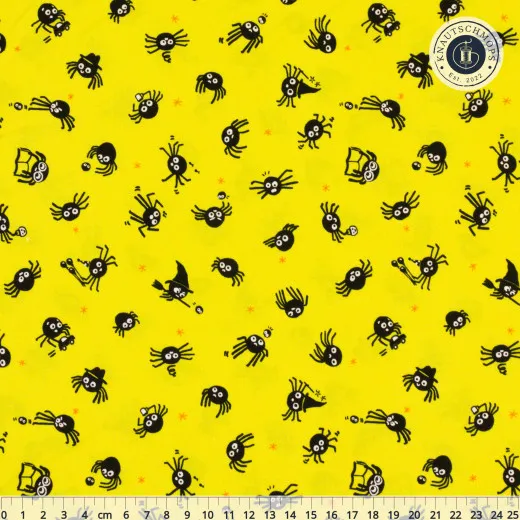 Spider Sense Citron – Baumwollstoff mit Spinnen Baumwollstoff Spider Sense Citron mit schwarzen Comic-Spinnen auf gelbem Grund, mit Zentimetermaß