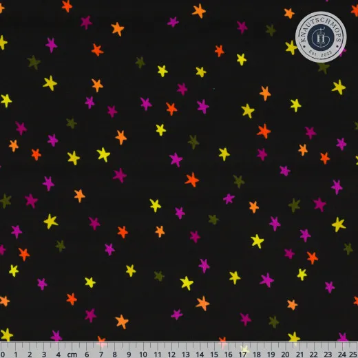 Baumwollstoff Starry Spooky Black mit bunten Sternen in Gelb, Orange und Pink auf Schwarz, mit cm-Lineal