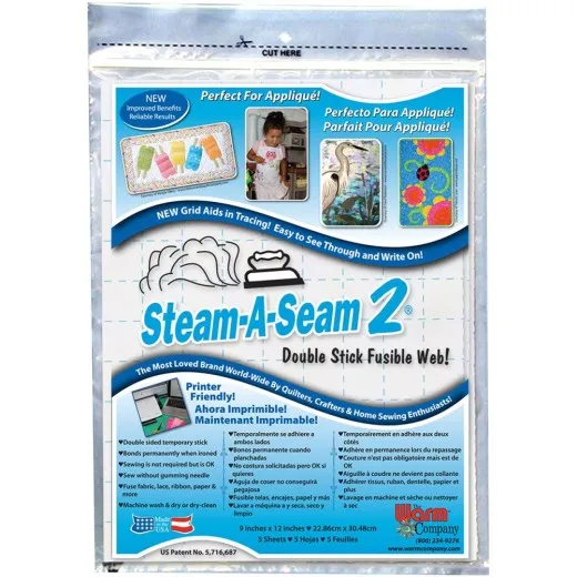 Steam-A-Seam 2 Bügelvlies – Packung mit 5 Bögen Verpackung Steam-A-Seam 2 Fusible Web von The Warm Company mit 5 Bögen, blau-weiß bedruckt, Applikationsbeispiele