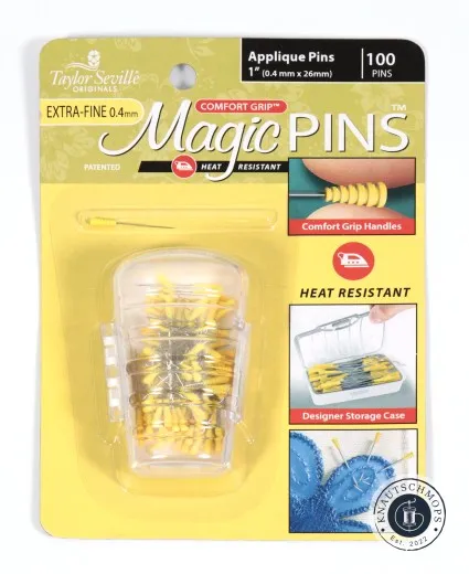 Frontale Verpackungsansicht der Taylor Seville Magic Pins Applique Extra Fine in Gelb mit Designer Storage Box.