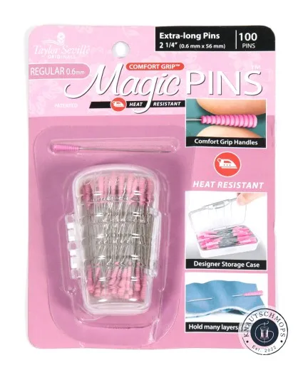 Verpackung der Taylor Seville Magic Pins Extra Long Regular in Pink mit Aufbewahrungsbox und Nadelspitze.