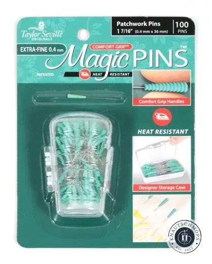 Frontale Verpackungsansicht der Taylor Seville Magic Pins Patchwork Extra Fine in Grün mit Designer Storage Box.