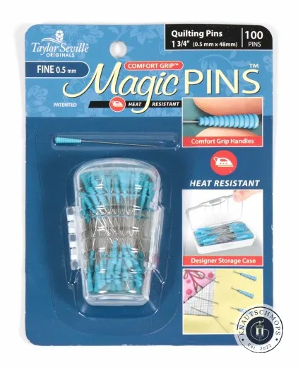 Taylor Seville Magic Pins Quilting blau - Verpackung Frontale Verpackungsansicht der Taylor Seville Magic Pins Quilting Fine in Blau mit Designer Storage Box.