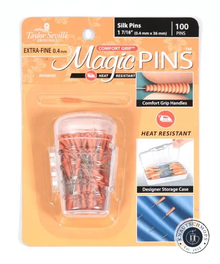Verpackung der Taylor Seville Magic Pins Silk Extra Fine in Orange mit Aufbewahrungsbox und Nadelspitze.