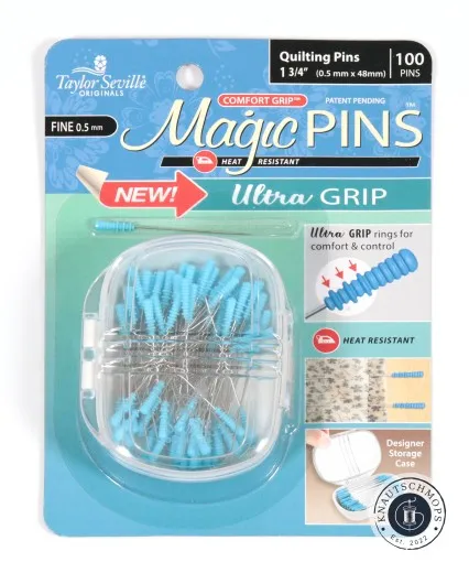 Verpackung der Taylor Seville Magic Pins Ultra Grip Quilting Fine in Blau mit Aufbewahrungsbox und Nadelspitze.