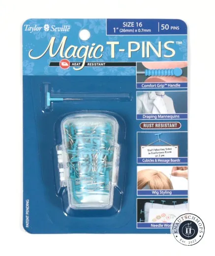 Taylor Seville Magic T-Pins Größe 16 - Verpackung Frontale Verpackungsansicht der Taylor Seville Magic T-Pins Größe 16 (26mm) mit Designer Storage Box.