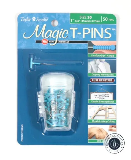 Taylor Seville Magic T-Pins Größe 20 - Verpackung Frontale Verpackungsansicht der Taylor Seville Magic T-Pins Größe 20 (31mm) mit Designer Storage Box.