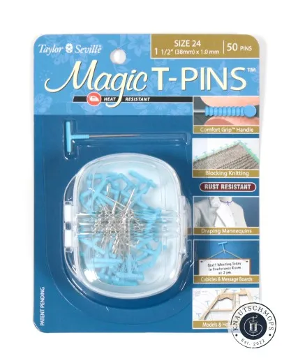 Taylor Seville Magic T-Pins Größe 24 - Verpackung Frontale Verpackungsansicht der Taylor Seville Magic T-Pins Größe 24 (38mm) mit Designer Storage Box.