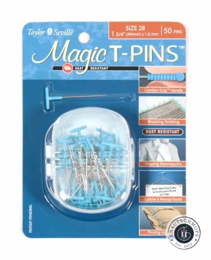 Frontale Verpackungsansicht der Taylor Seville Magic T-Pins Größe 28 (44mm) mit Designer Storage Box.