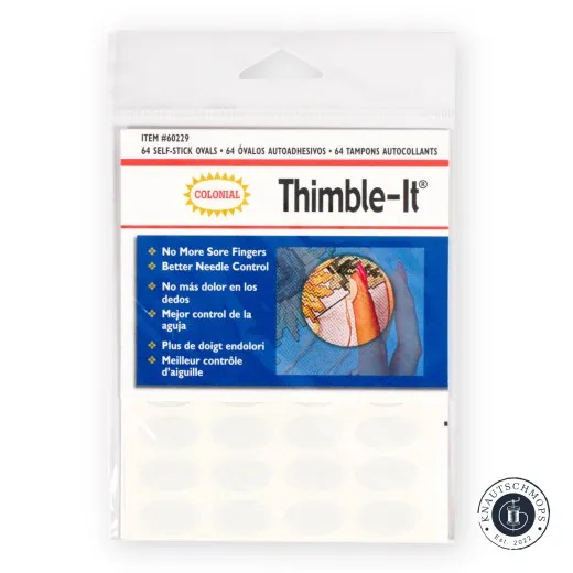 Verpackung der Colonial Thimble-It Fingerpolster (64 St.) mit Anwendungsbeispiel beim Kreuzstich.