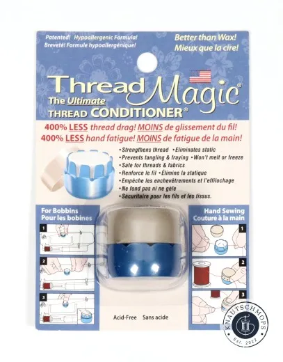 Thread Magic Round Fadenaufbereiter von Taylor Seville Taylor Seville Thread Magic Round Fadenaufbereiter in blau-weißer Blisterverpackung mit Anwendungshinweisen