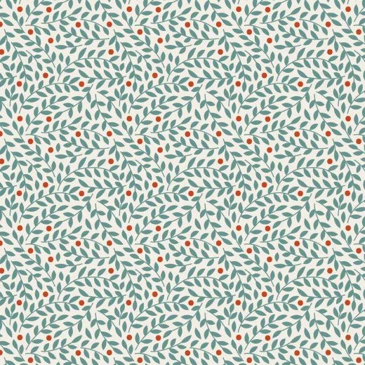 Tilda-Blenderstoff Lillian der Kollektion Village Life mit kleinem Blätter- und Beerenmuster in Teal-Grün und Rostrot auf cremefarbenem Grund.