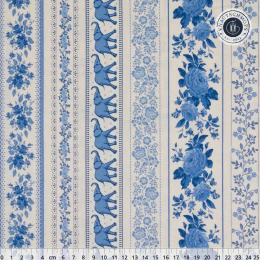 Blauer Bordürenstoff mit mehreren floralen Zierstreifen, mit Zentimeter-Lineal