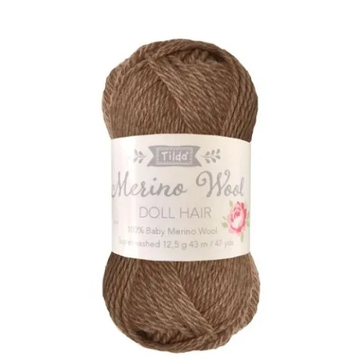 Tilda Merino-Wollknäuel Puppenhaar in der Farbe Braun mit Produktetikett