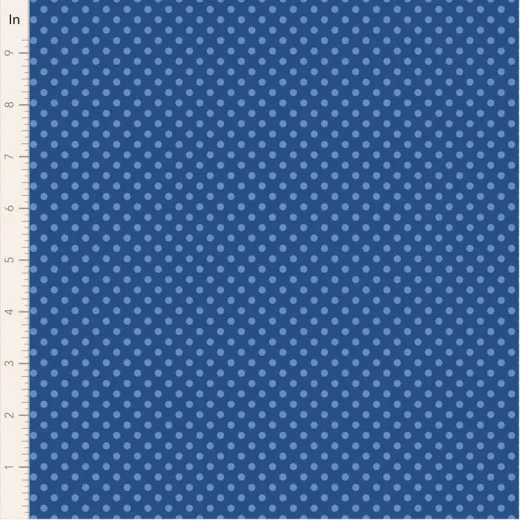 Dunkelblauer Baumwollstoff mit hellblauen Punkten, mit Zoll-Lineal zur Maßstabsdarstellung