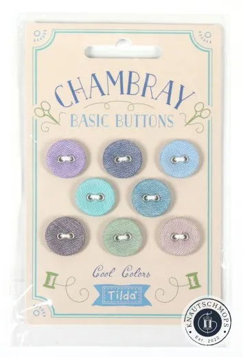 Tilda Chambray Basic Buttons Cool Colors, 8 stoffbezogene Knöpfe in Flieder, Blau, Mint und Grau auf Karte