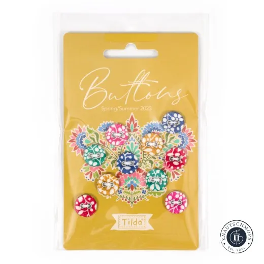 Tilda Knöpfe Pie in the Sky mini – 10er Set, ca. 12 mm Tilda Knöpfe Pie in the Sky mini, 10 stoffüberzogene Knöpfe in Pink, Blau, Grün, Rot und Senf auf goldener Karte