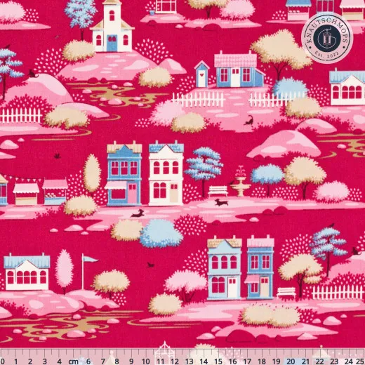 Tilda Village Burgundy Baumwollstoff mit Dorfmotiv Tilda Baumwollstoff Village Burgundy mit Häusern, Bäumen und Zäunen in Rosa und Blau auf Bordeaux, mit Maßband