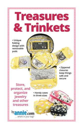 Titelseite des ByAnnie's-Schnittmusters Treasures & Trinkets mit geöffnetem Schmucketui und den drei Etui-Größen als Produktfotos.