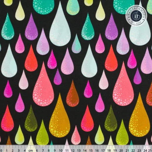 Tula Pink Dew Drops Licorice – Musteransicht mit Maßband Bunte Tautropfen-Formen mit Punktemuster auf schwarzem Grund, mit Maßband zur Größeneinordnung